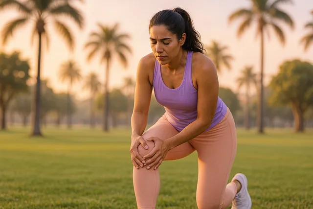Mujer corre por un parque con palmeras en la mañana
